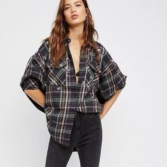 Free People Star Constellations Within Too Sequin Star Flannel Top - Picture 11 of 15